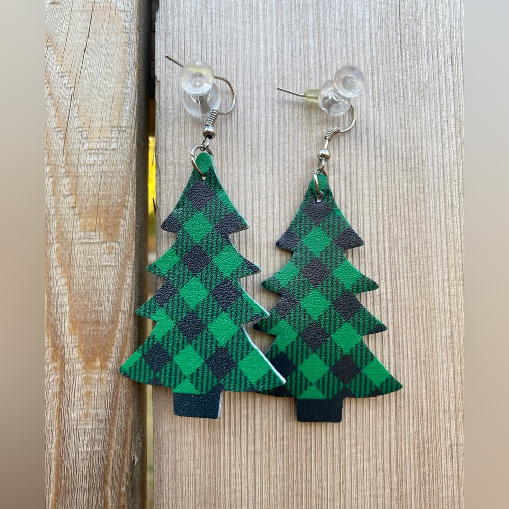 Green and Black Christmas Tree Dangle Earrings